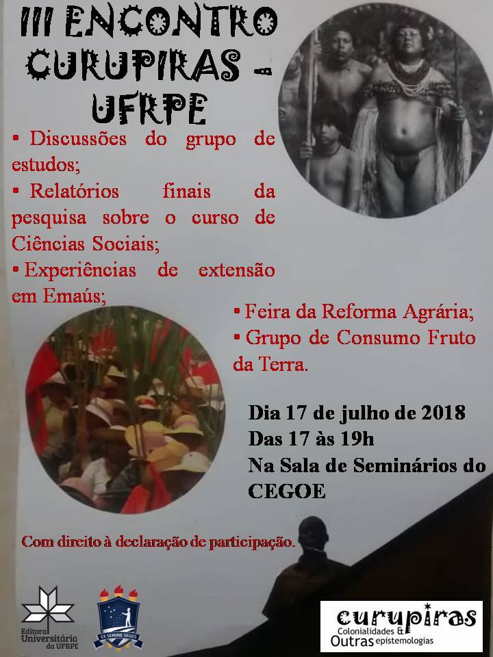 Cartaz do evento, com uma imagem de indígenas ornamentados e informações sobre data, horário, local e tema do encontro