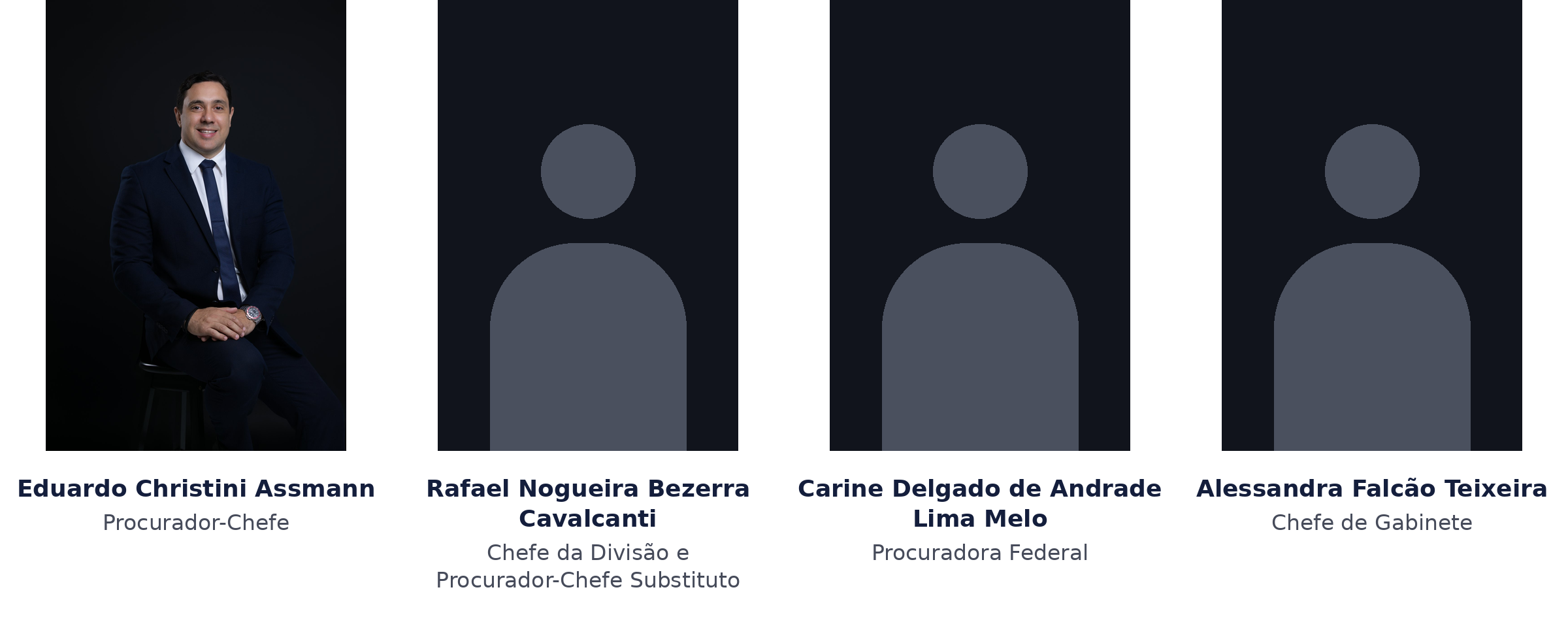 Eduardo Christini Assmann, Procurador-Chefe; Rafael Nogueira Bezerra Cavalcanti, Chefe da Divisão e Procurador-Chefe Substituto; Carine Delgado de Andrade Lima Melo, Procuradora Federal; Alessandra Falcão Teixeira, Chefe de Gabinete