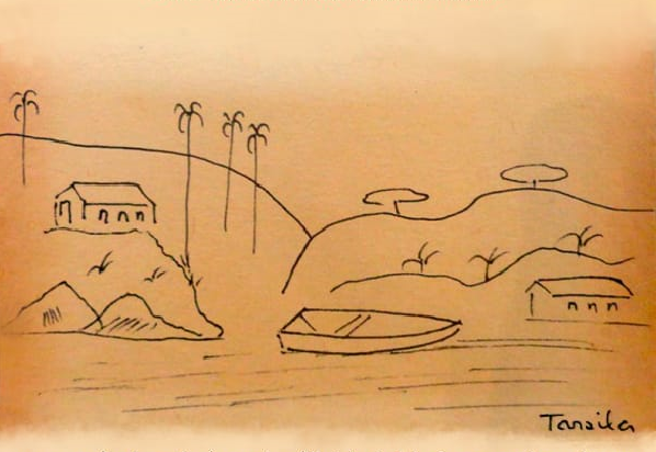 arte do cartaz: fundo marrom, desenho de região ribeirinha: barcos ao rio, pequena casa, vegetação às margens