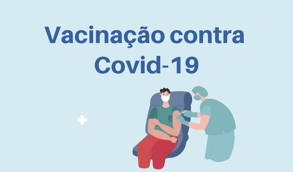 imagem de uma pessoa sendo vacinada por enfermeiro, ambos de máscara e texto Vacina contra Covid-19