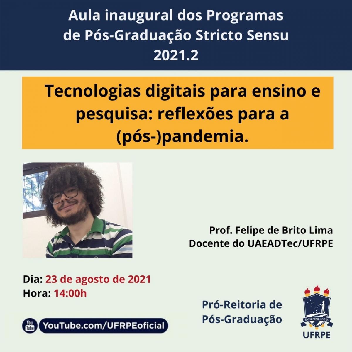 card de divulgação com foto do professor Felipe, título e horário da aula inaugural